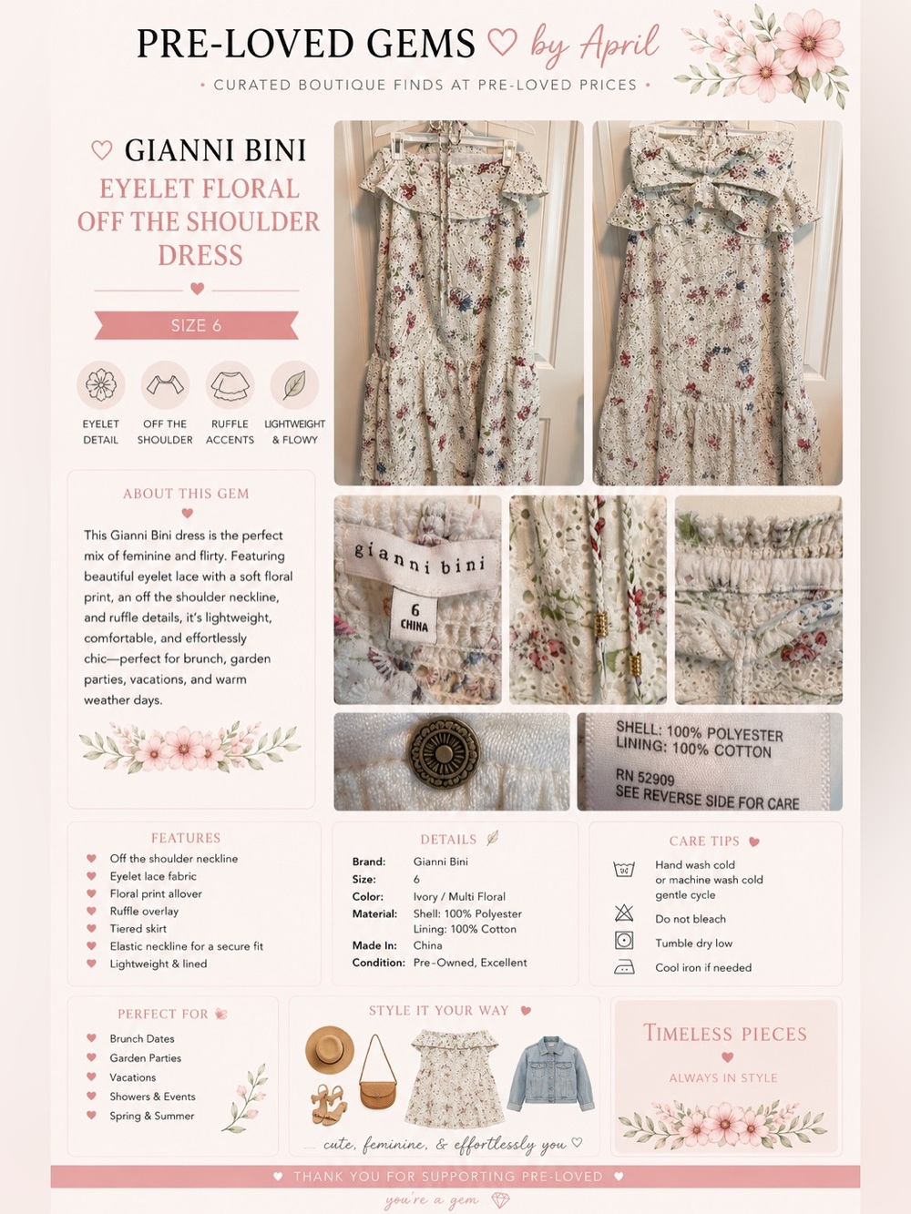 Gianni Bini Floral Eyelet Strapless Smocked Tube Maxi Dress 6